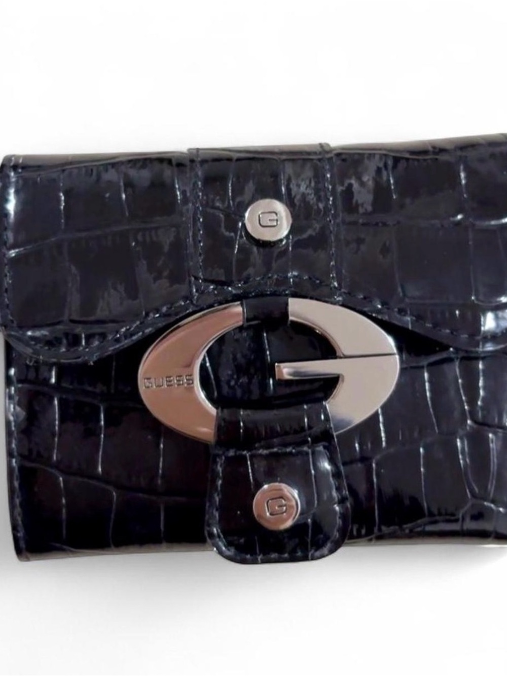Guess Black Croc Patent Wallet with Silver G Hardware